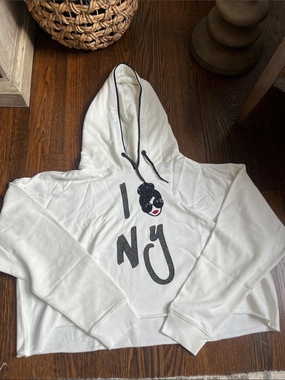 Alice + Olivia White Graphic Hooded Sweatshirt with Black Accents